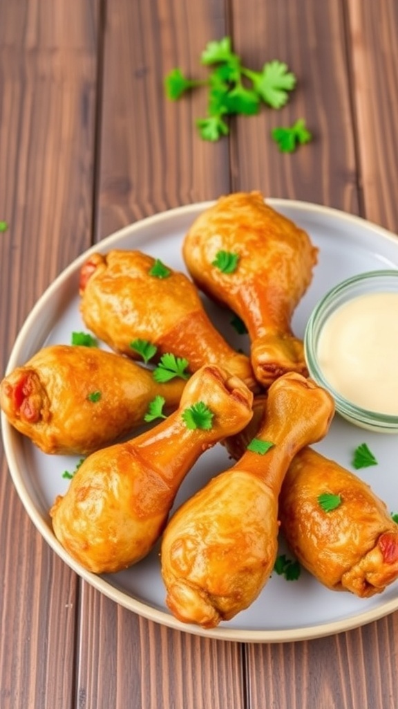 Crispy air fryer chicken drumsticks served on a plate with parsley and dipping sauce.
